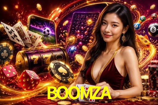 Una escena digital vívida inspirada en casino con BOOMZA mostrado prominentemente, luces brillantes, fichas, cartas y acentos dorados.