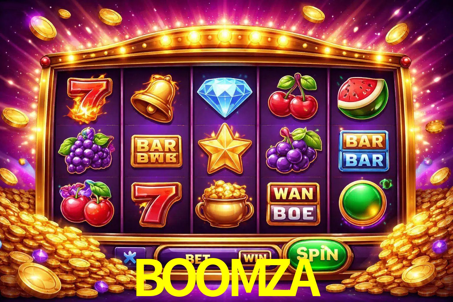 Una interfaz colorida de tragamonedas en línea con símbolos brillantes, monedas y un efecto de victoria celebratoria en BOOMZA.